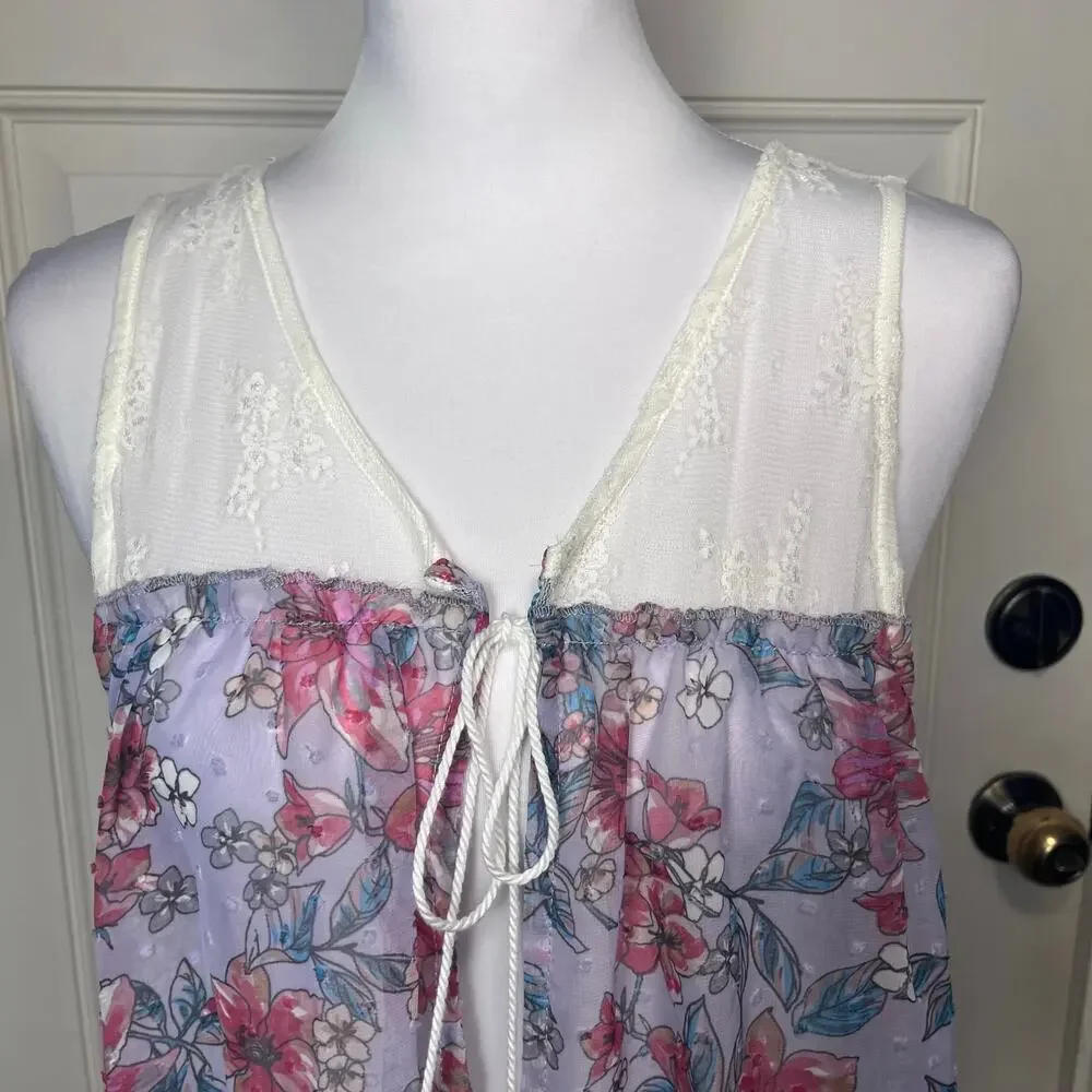 Coquette Floral Sheer Ruffle Dress Cover Up Romantic Beach Resortwear Large